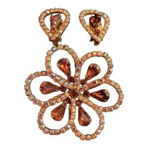 Vintage Aurora Borealis and Amber Rhinestone Goldtone & Pearl Brooch Earring Set